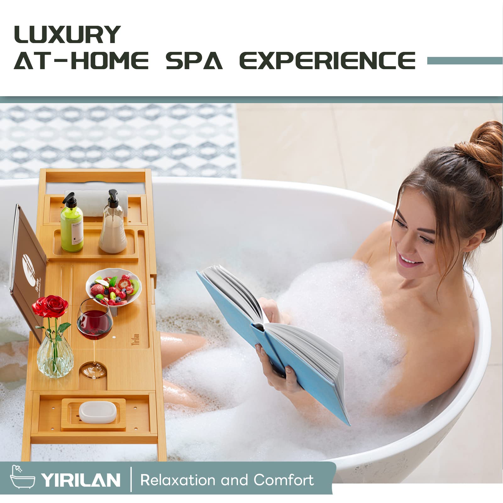 Premium Expandable Bathtub Tray Caddy - Adjustable Wooden Bath Tray for Relaxation, Reading & Spa - Perfect Housewarming Gift for Women & Men - Ideal for Bathroom, Spa Days & Self-Care Moments
