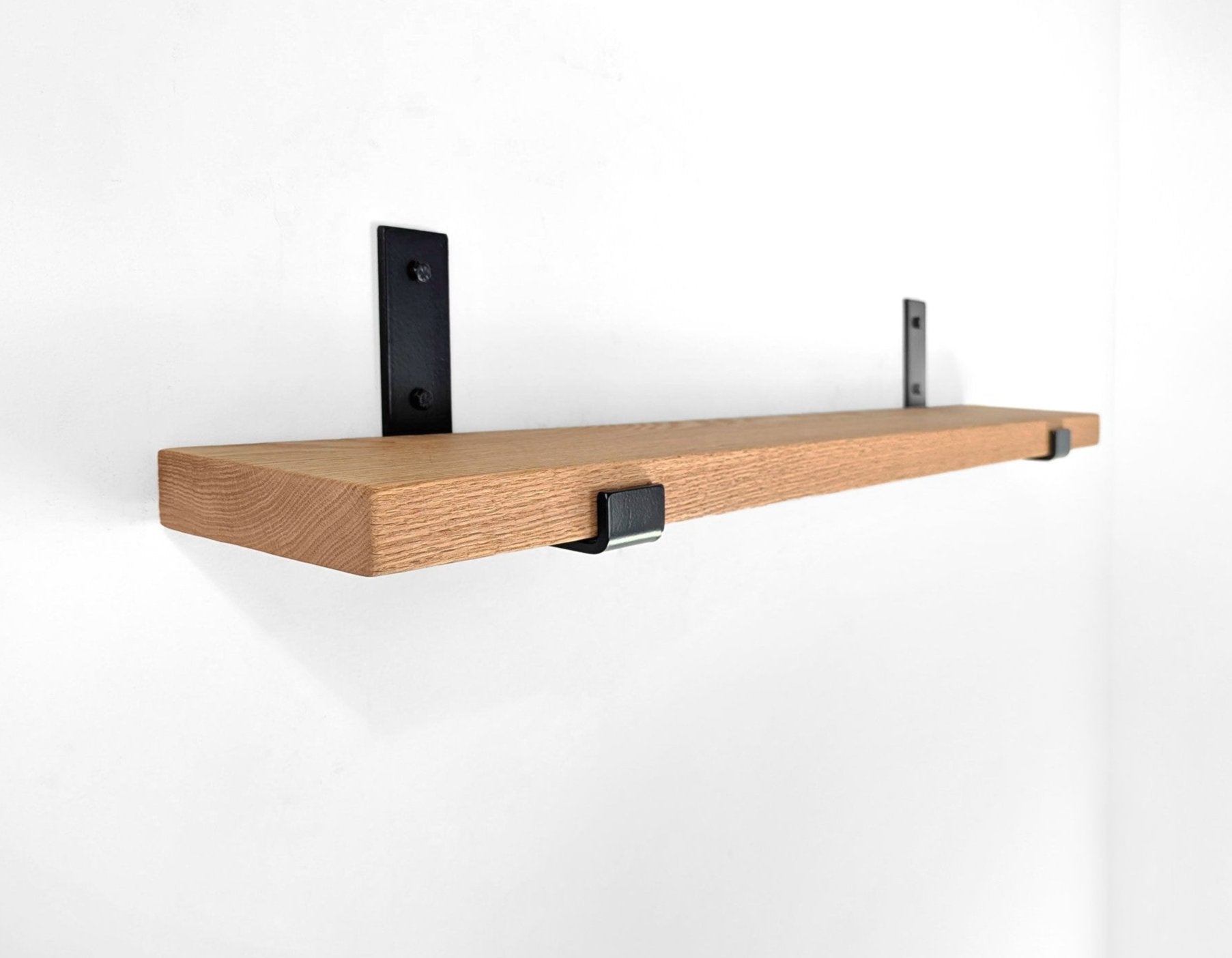 Sturdy Oak Wood Shelf with Black Steel J Brackets - Heavy Duty Floating Shelves for Living Room, Kitchen, or Office Storage