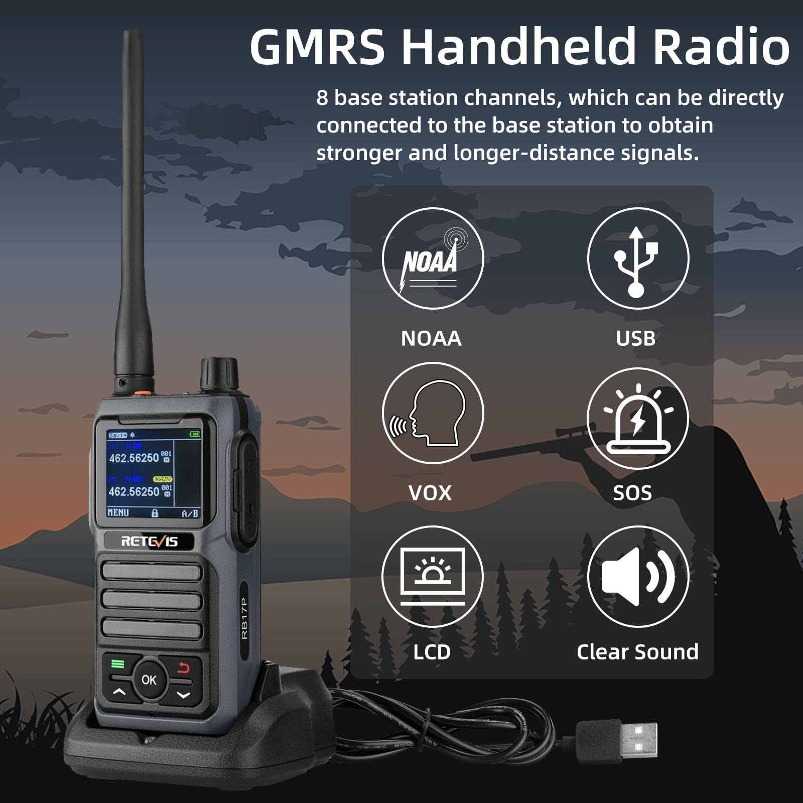 Retevis RB17P GMRS Two-Way Radios for Adults - Long Range Walkie Talkies with 2200mAh Rechargeable Battery, SOS Alarm & NOAA Weather Scan - Ideal for Hiking, Camping, Hunting & Outdoor Adventures (1 Pack)