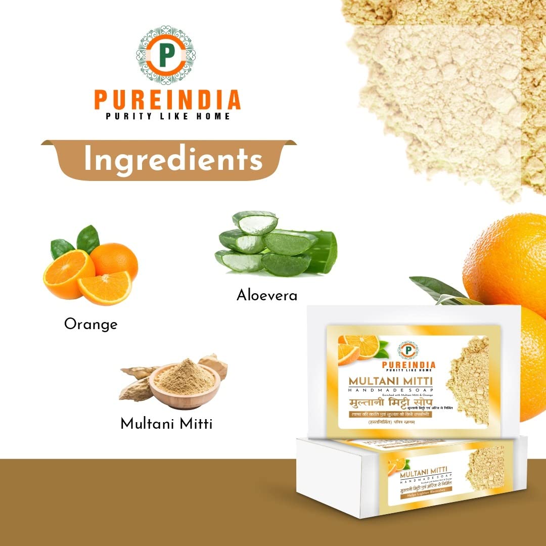 Pureindia Handmade Multani & Orange Bathing Bar - 100GM (Pack of 5) | All Skin Types | Enriched with Orange Essential Oil | Gentle Exfoliation & Moisturizing | Perfect for Daily Shower & Spa Relaxation