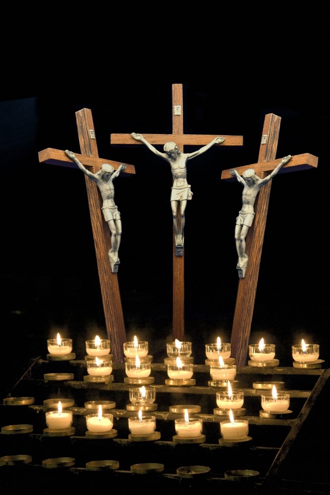 BrainBoosters Three Crosses Depicting Crucifix with Candles Poster Print - Large 24x36 Inches - Religious Wall Art for Home, Church & Office Decor