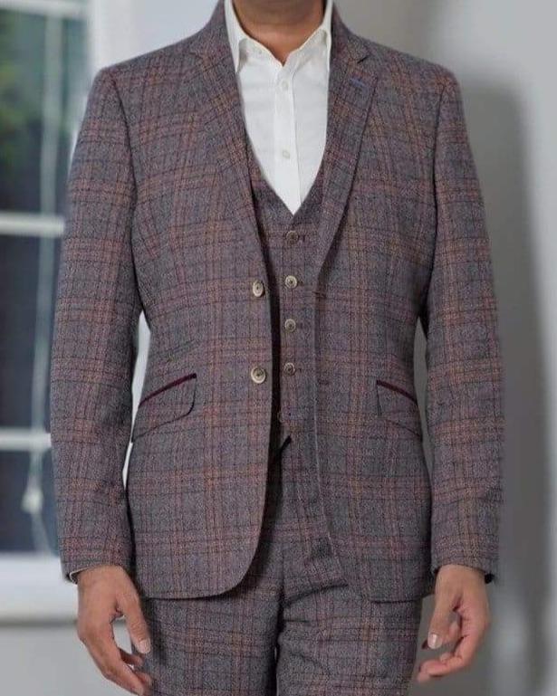 Cavani Brendan Men's 3 Piece Wine Slim Fit Check Suit - Perfect for Weddings, Business Meetings & Formal Events