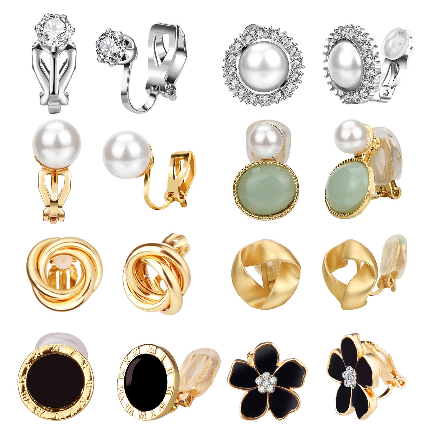 8 Pairs Clip On Earrings for Women - Non Pierced Rose Flower CZ Pearl Twist Knot Jewelry Set | Hypoallergenic Fashion Earrings for Parties, Weddings & Daily Wear