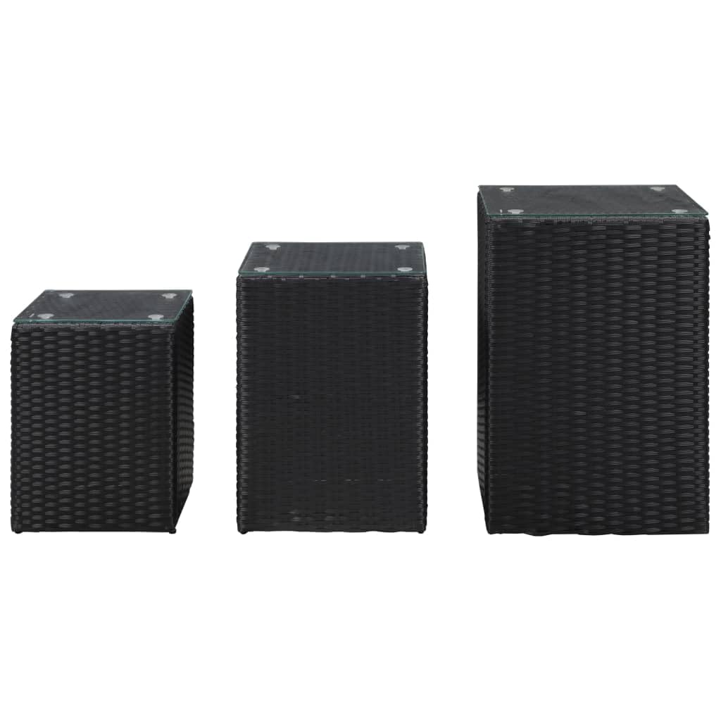 vidaXL Set of 3 Black Square Side Tables with Glass Top - Poly Rattan & Metal Frame - Indoor Outdoor End Tables - Lightweight Easy-Clean Coffee Tables for Patio, Living Room, Bedroom & Garden Decor