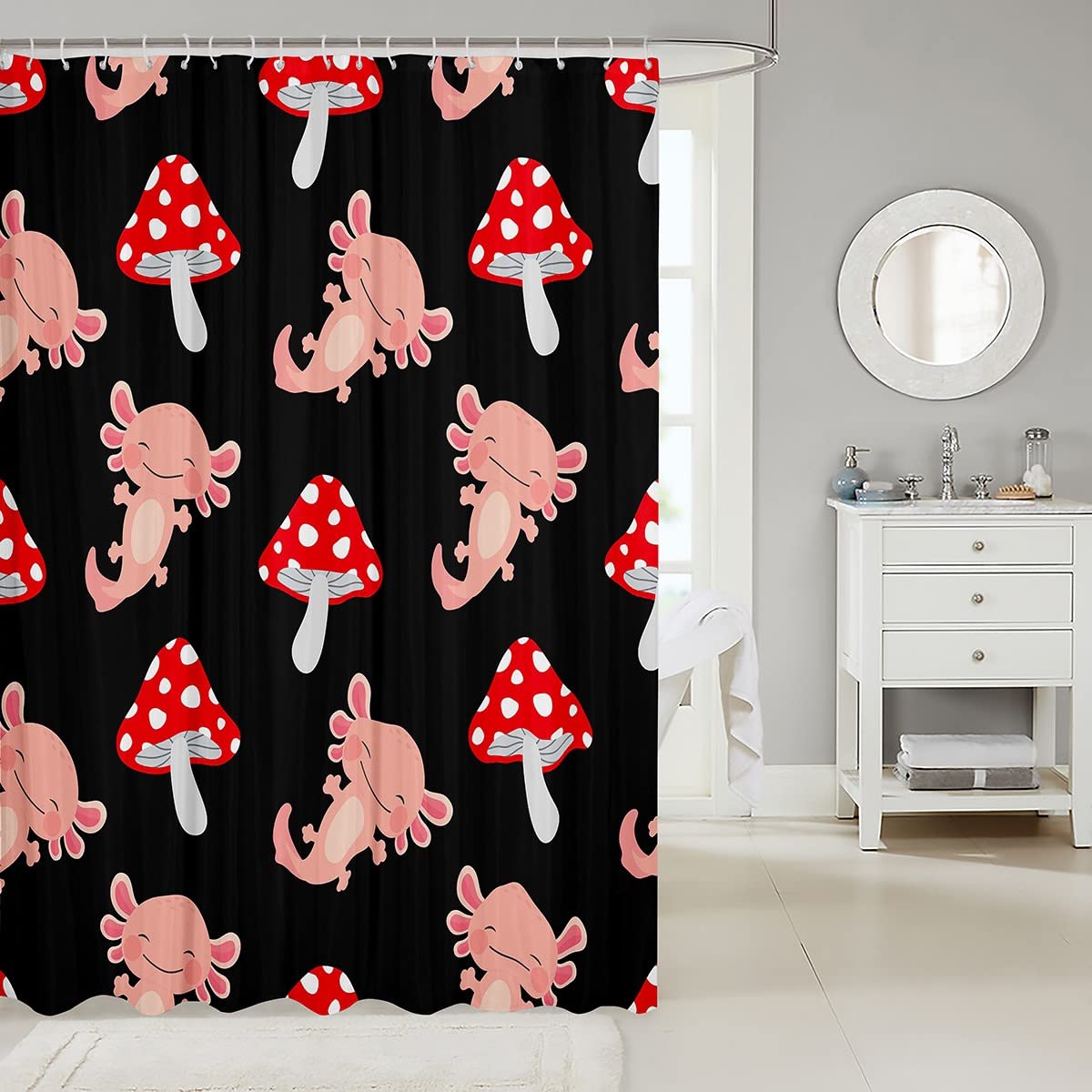 Cute Mushroom Bathroom Curtain - Pink Axolotl & Red Mushrooms Design for Coastal Bathroom Decor