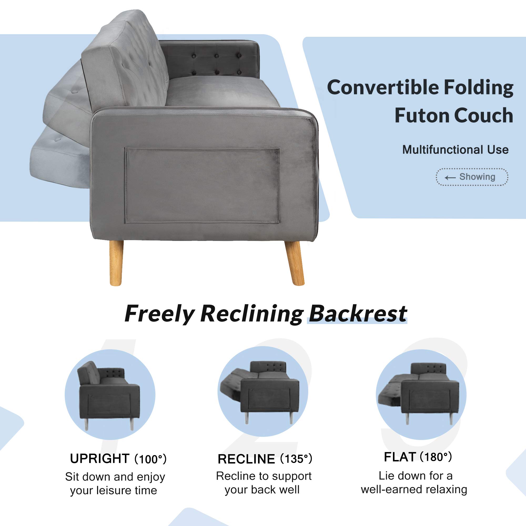 Modern Velvet Convertible Futon Sofa Bed with Wood Legs & Armrests - 3 Adjustable Backrests for Small Spaces, Apartments & Guest Rooms | Twin Size Sleeper Couch for Overnight Guests, Living Room & Studio (Gray)