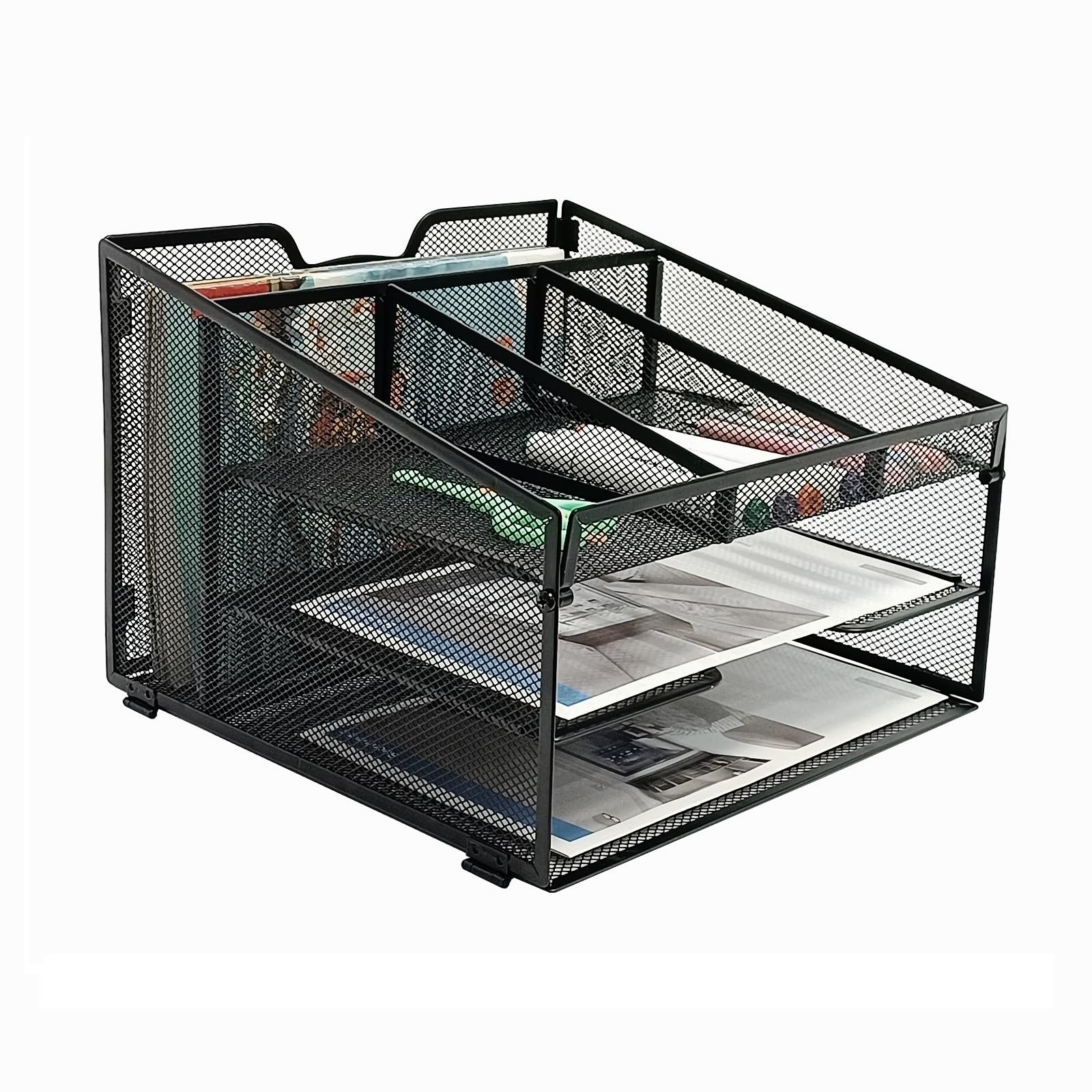 SETTFRFE 2-Tier Mesh Desk Organizer with Pen Holder - Vertical File Organizer for Office, Home & School - Black Metal Paper Tray for Documents, Mail & Stationery Storage