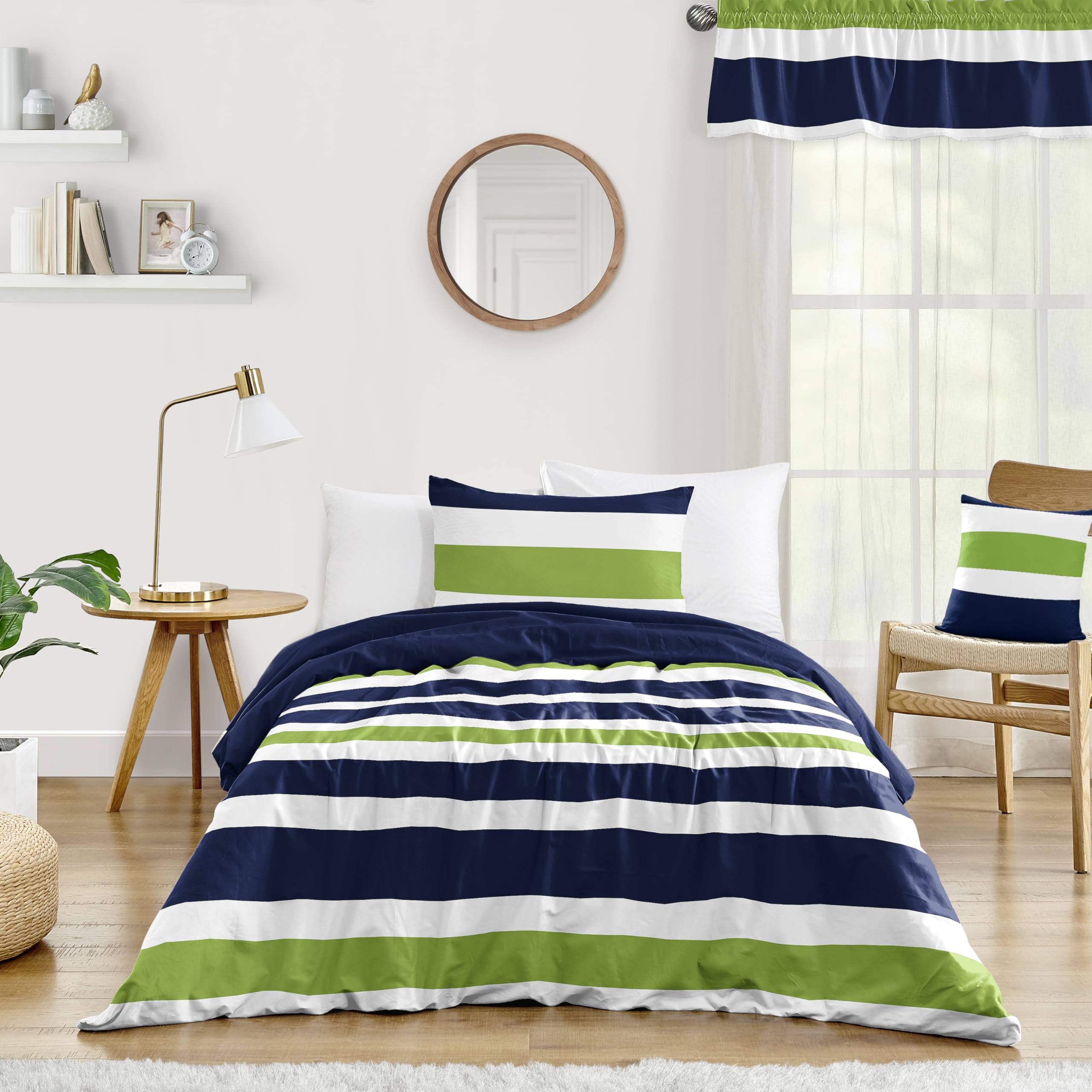 Navy Blue Lime Green and White Stripe 4-Piece Teen Boys Twin Bedding Set - Soft & Durable Comforter, Sheet, Pillowcase Collection for Kids' Bedroom Decor & Cozy Sleep