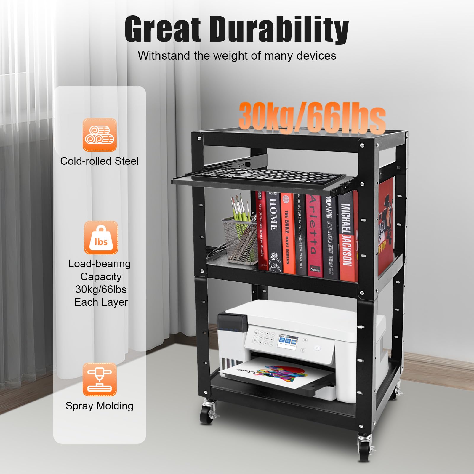 42 Inch Adjustable Height AV Media Cart with Wheels - 4-Tier Steel Rolling Stand for Laptop, Notebook & Keyboard - Mobile Office & Home Use for Presentations, Classrooms & Workspaces