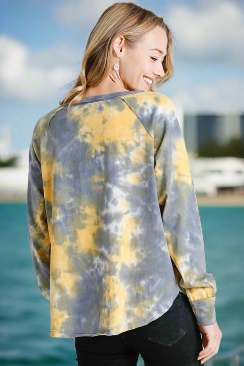 Tie Dye Button Front Long Sleeve Raglan Top for Women - Boho Chic Loose Fit Blouse for Casual Wear, Music Festivals & Beach Outfits