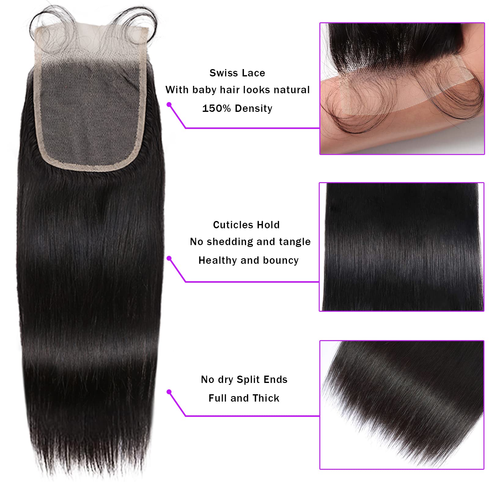 3 Bundles Brazilian Straight Human Hair with Lace Closure (20 22 24+18 Inches) 100% Unprocessed Remy Virgin Hair Weave - 4x4 Free Part, Double Weft, Black Natural Color | Perfect for Protective Styles, Wig Making & Everyday Wear
