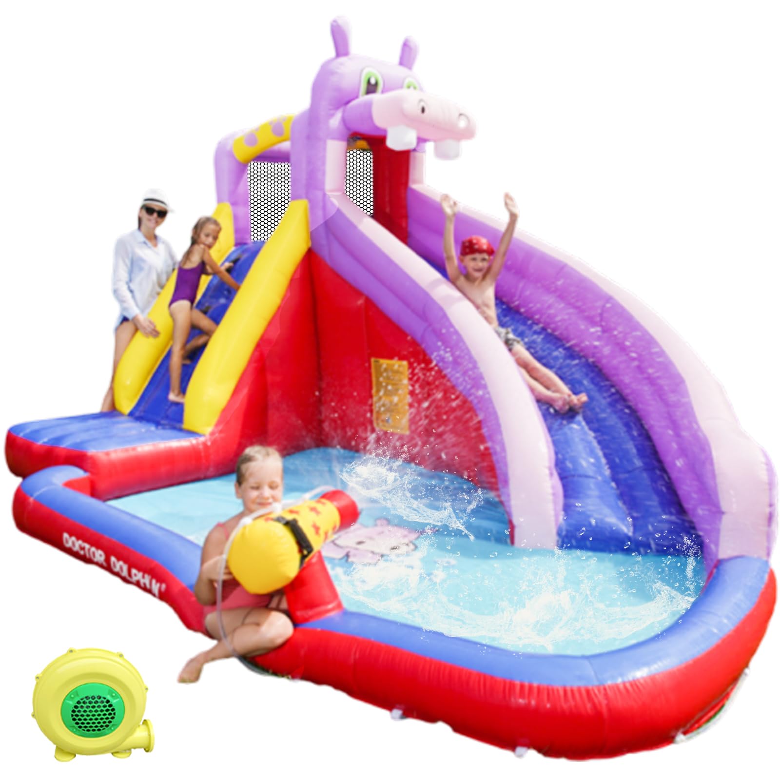 **Doctor Dolphin Inflatable Bounce House with Water Slide - Kids & Toddler Indoor/Outdoor Bouncy Castle, 450W Blower Included - Fun for Backyard, Birthday Parties, Summer Water Parks (Wet & Dry Use)**
