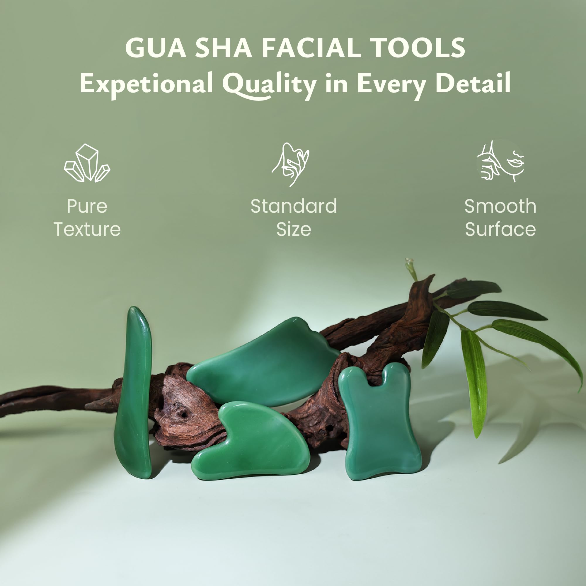 Rena Chris 4 Pcs Gua Sha Facial Massage Tool Set - Green Jade Stone Scraping Board for SPA, Acupuncture Therapy & Trigger Point Relief - Perfect for Facial Rejuvenation, Neck Massage & Body Relaxation at Home