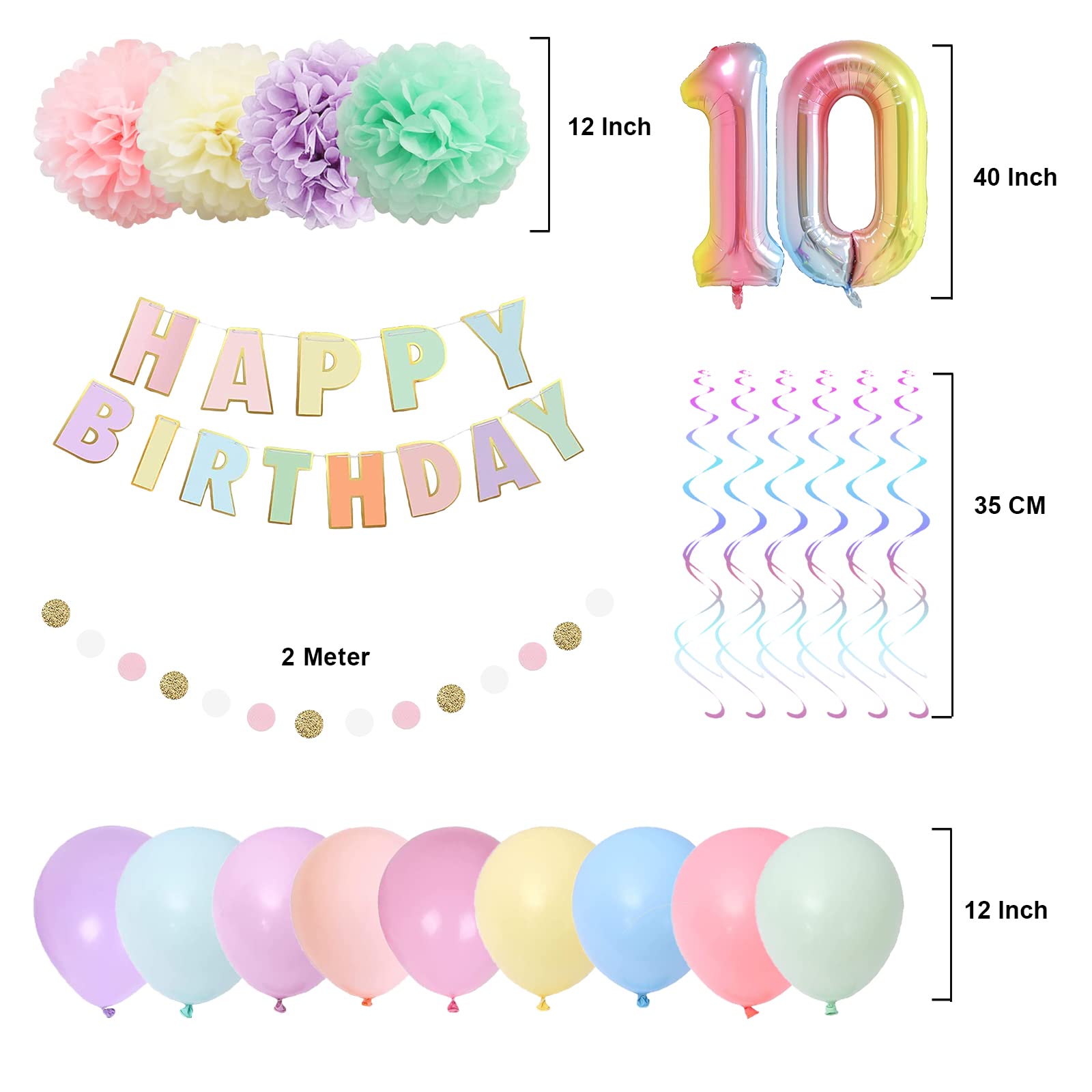 BRT Bearingshui 10th Birthday Party Decorations for Girls & Boys – 40 Inch Rainbow Gradient Number 10 Balloon, Happy Birthday Banner & Kids Party Supplies | Perfect for 10th Birthday Celebrations, Themed Parties & Milestone Decor