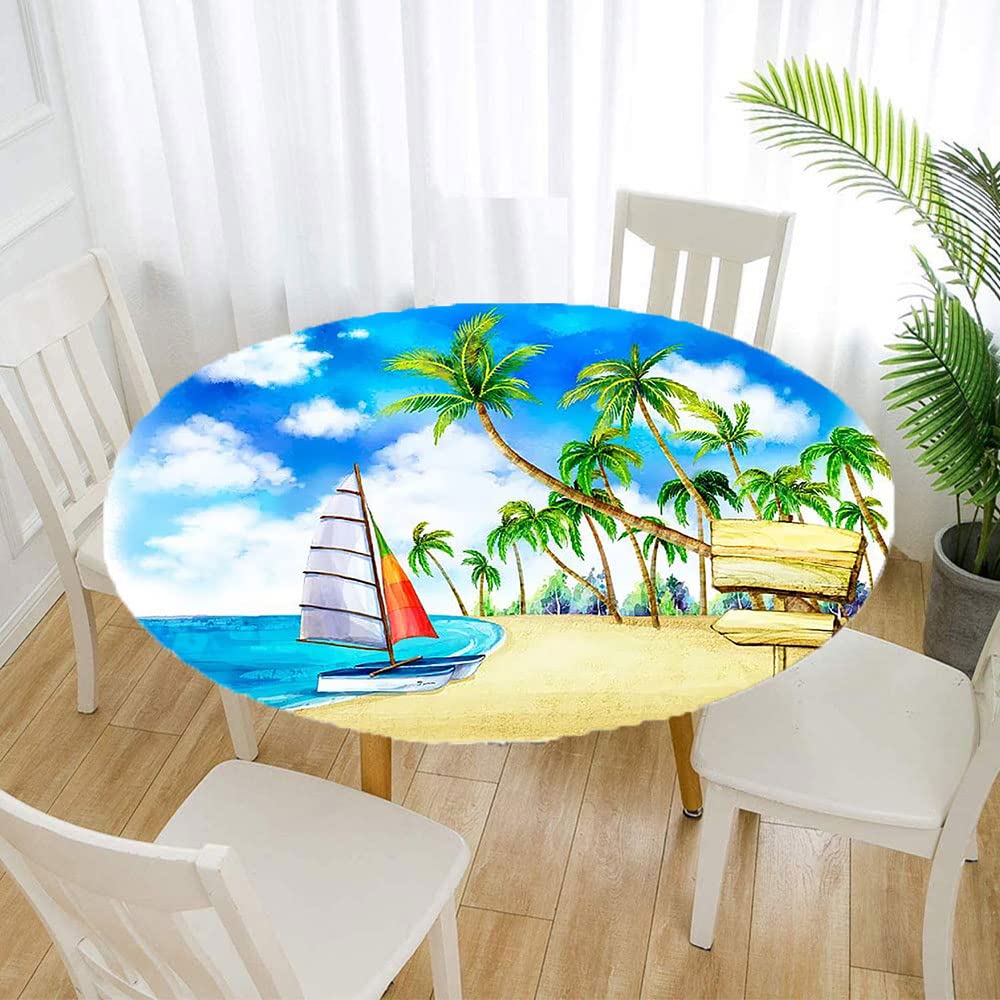 Ocean Themed Round Tablecloth - Waterproof & Wipeable Elastic Edge for 36