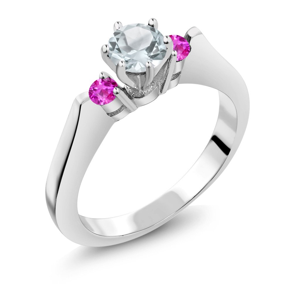 0.61 Ct Round Sky Blue Aquamarine & Pink Sapphire 925 Sterling Silver 3-Stone Ring for Women - Elegant Birthstone Jewelry Gift for Anniversary, Engagement & Special Occasions
