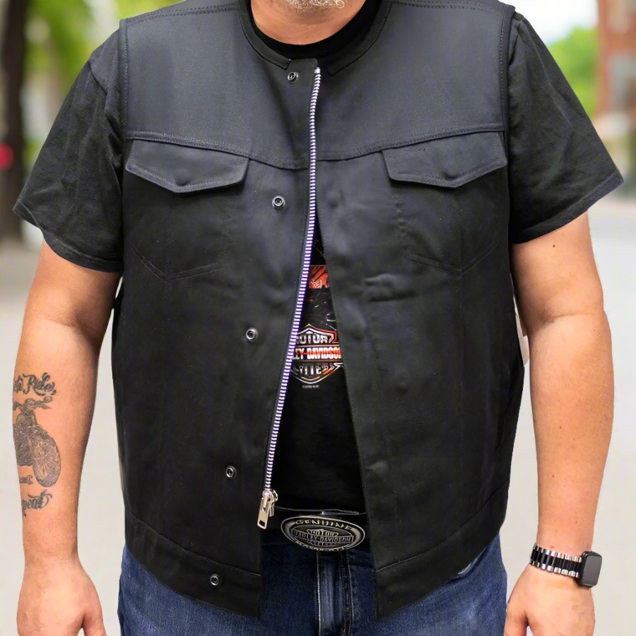 First MFG Co. Men's Motorcycle Twill Vest - Durable Riding Jacket for Harley Davidson & Cruiser Bikers - Perfect for Road Trips & Motorcycle Events