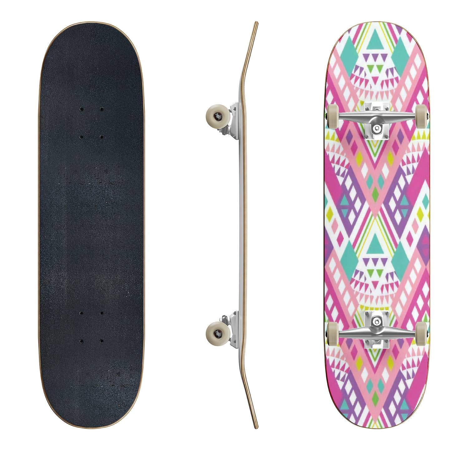 EFTOWEL Pastel Geometric Triangle Tribal Print Skateboard - Classic Concave Longboard for Beginners & Pros | Perfect for Street Skating, Commuting & Extreme Sports | Cool Teen Gifts & Collector's Item