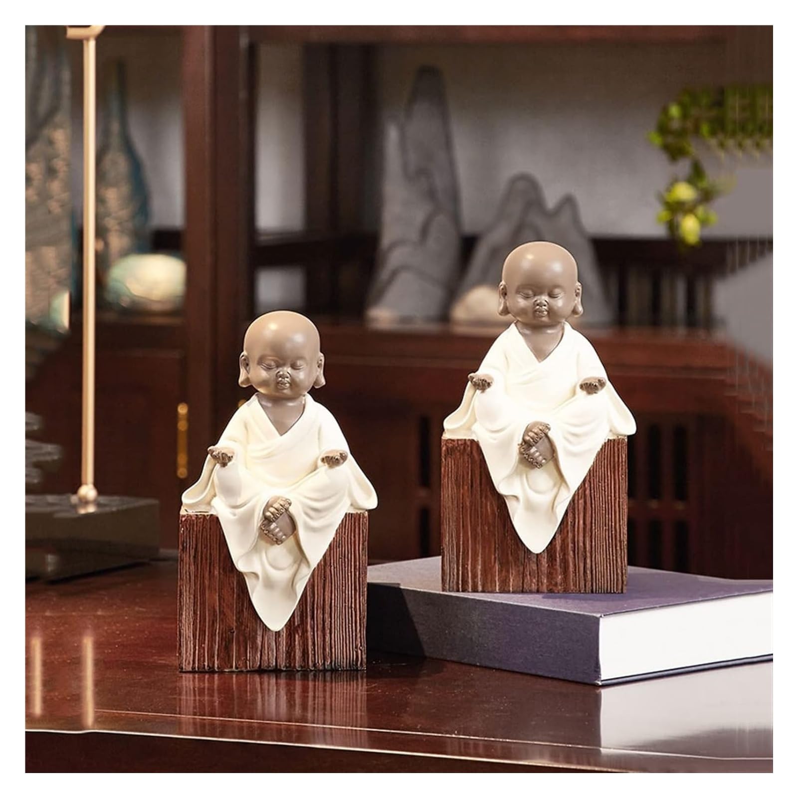 Zen Monk Bookends - Unique Buddhist Decor Book Stands for Shelves, Non-Skid Book Holder for Home Office & Meditation Room Decor