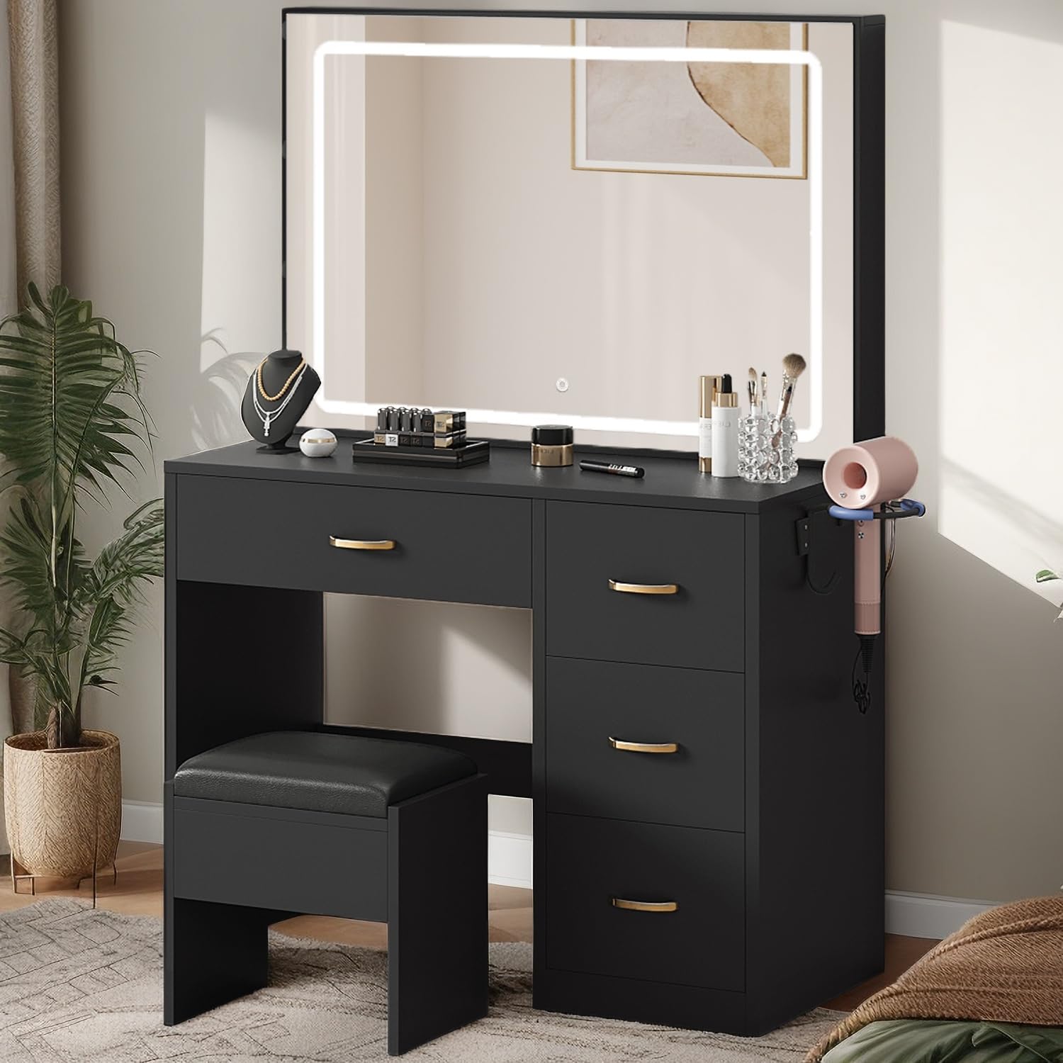 YITAHOME LED Vanity Desk with Adjustable Lighted Mirror, Makeup Dressing Table Set with Power Strip & 4 Storage Drawers - Includes Vanity Chair, Modern Bedroom Furniture for Women (Carbon Black) - Perfect for Makeup Application, Skincare Routine & Home Decor