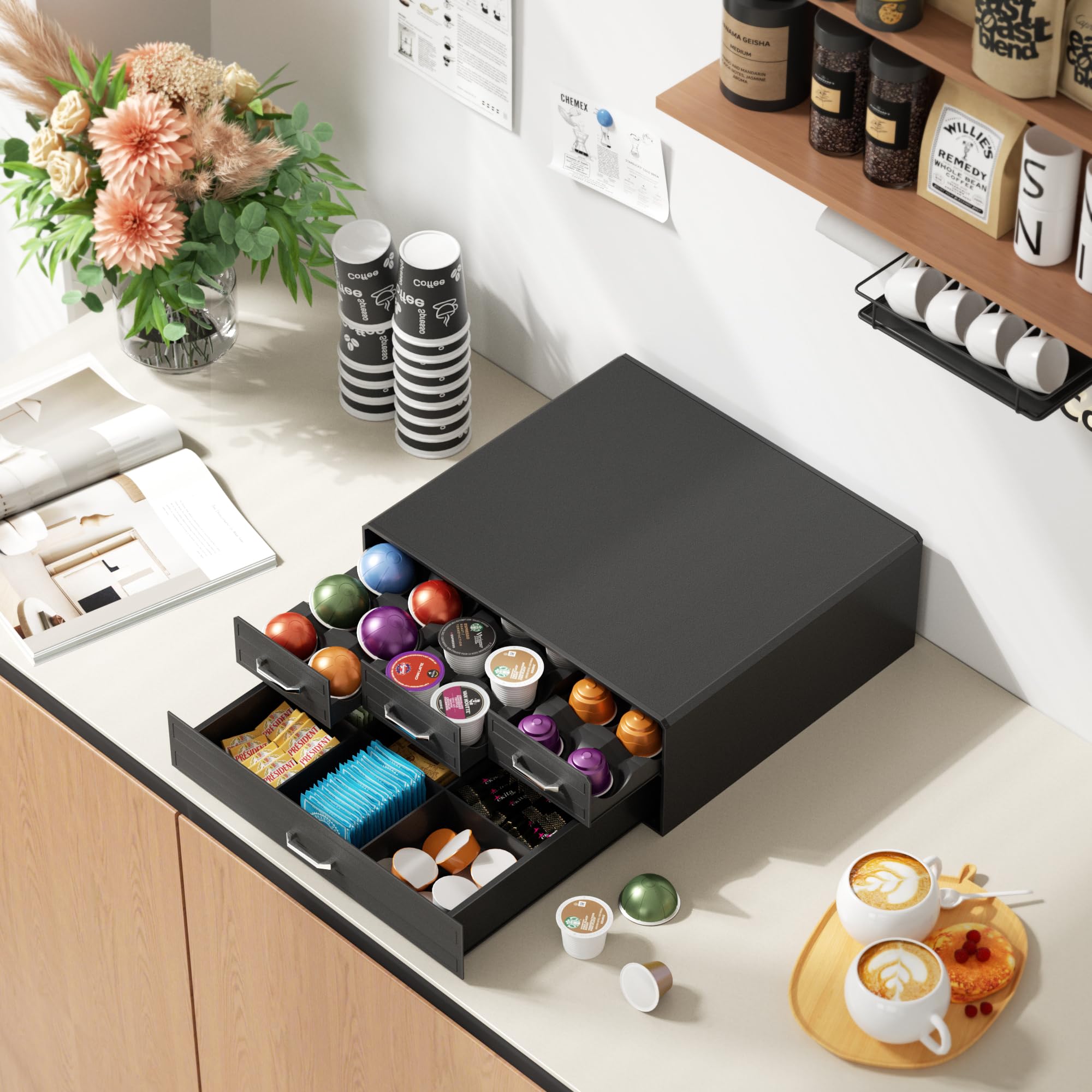 SZQINJI K Cup Holder Drawer - 60/88 Pod Capacity Coffee Pod Organizer | Compatible with Keurig K Cups, Nespresso VertuoLine & OriginalLine | Space-Saving Black Coffee Storage for Kitchen Countertops & Office Break Rooms