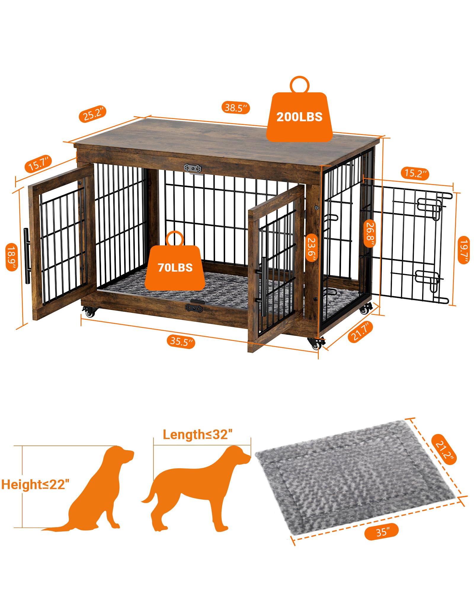 Rustic Brown Large Wooden Dog Crate Furniture with Cushion - 38.5