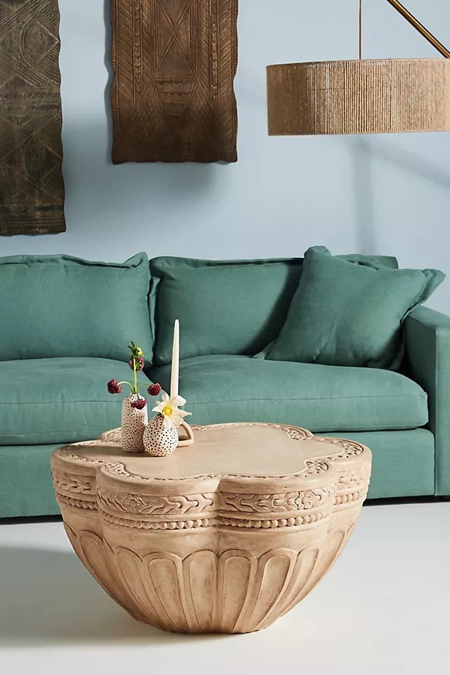 Hand Carved Cicely Wooden Coffee Table - Solid Wood Mid-Century Modern Living Room Furniture for Home Decor & Entertaining