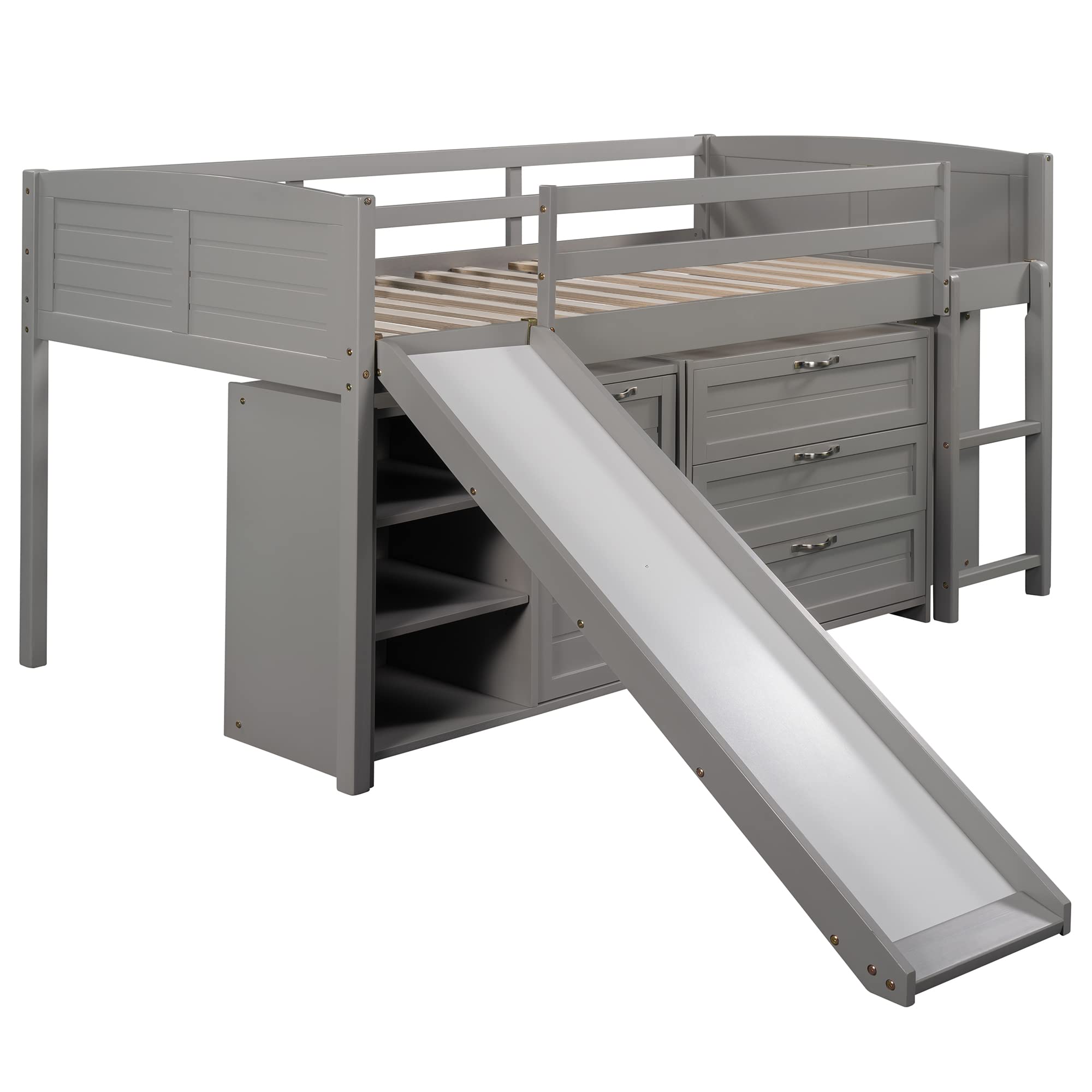 Harper & Bright Designs Twin Loft Bed with Slide - Solid Wood Low Loft Bed with Cabinet, Storage Shelves & Drawers - Twin Size Loft Bed Frame for Girls & Boys (Grey) - Perfect for Small Kids' Rooms, Playrooms & Space-Saving Bedroom Solutions