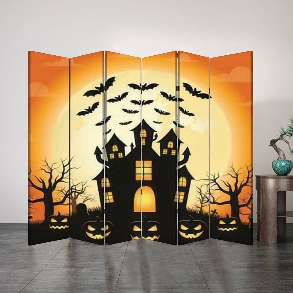 6 Panel Halloween Folding Screen - Spooky Bat Illustration Canvas Room Divider for Home Office, Bathroom & Party Decor | Halloween Party Backdrop & Privacy Partition