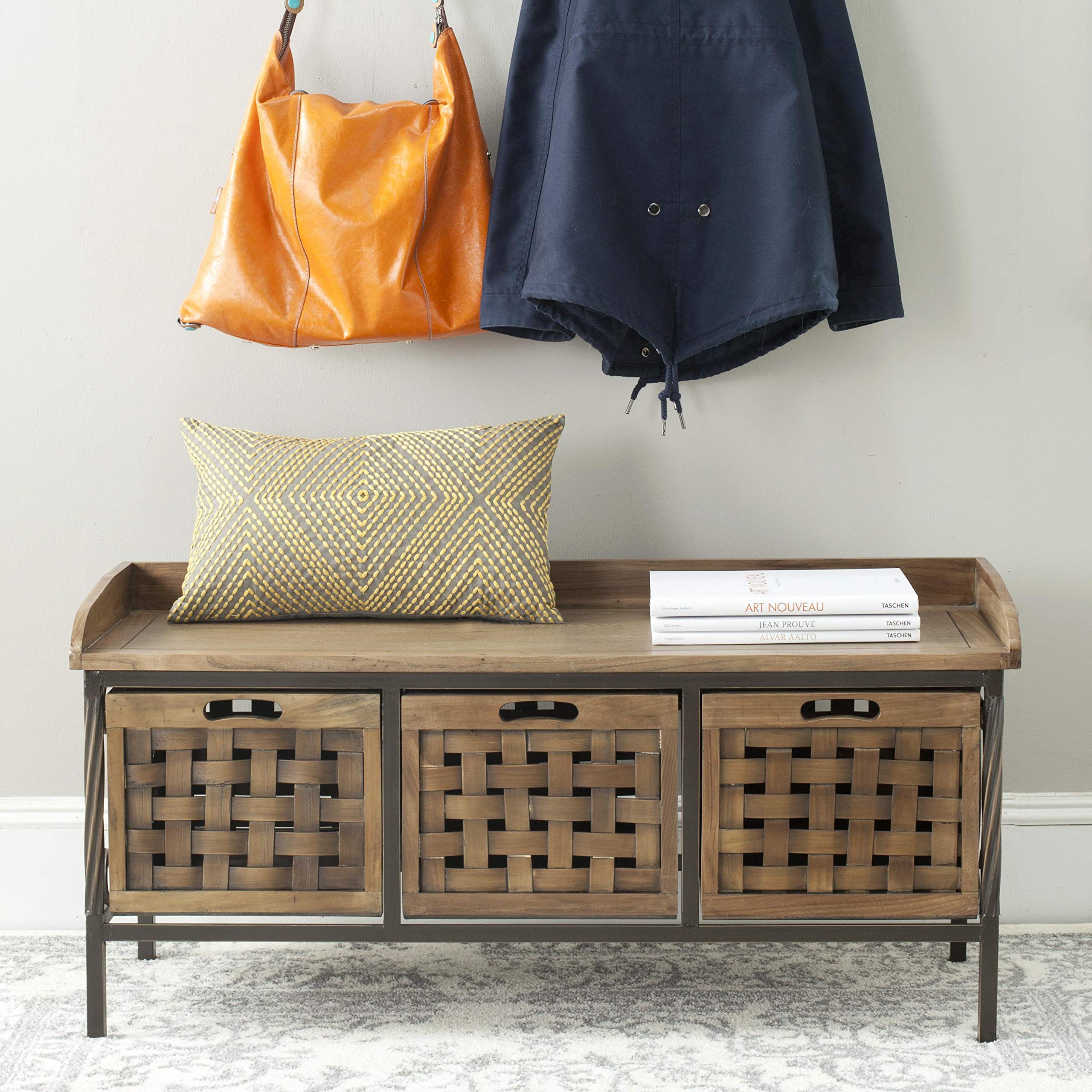 SAFAVIEH American Homes Collection Isaac Filbert Brown Wooden Storage Bench - Entryway Seating & Shoe Storage for Living Room, Bedroom, or Hallway
