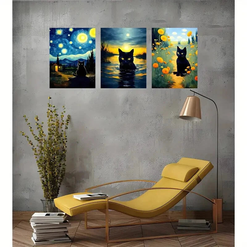 3-Piece Retro Cat Murals - Metal Wall Art Prints Ready to Hang - Perfect for Living Room, Bedroom & Office Decor