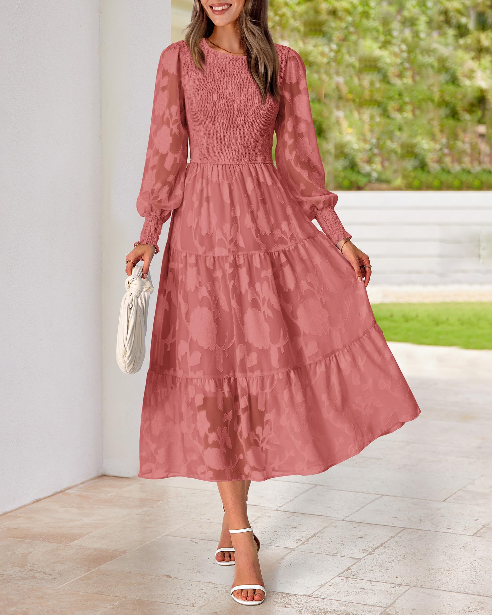 BTFBM Elegant Floral Midi Dress for Women - Long Sleeve Bohemian Wedding Guest Dress, Spring 2025 Flowy Casual Dress for Bridal Shower, Garden Party & Special Occasions