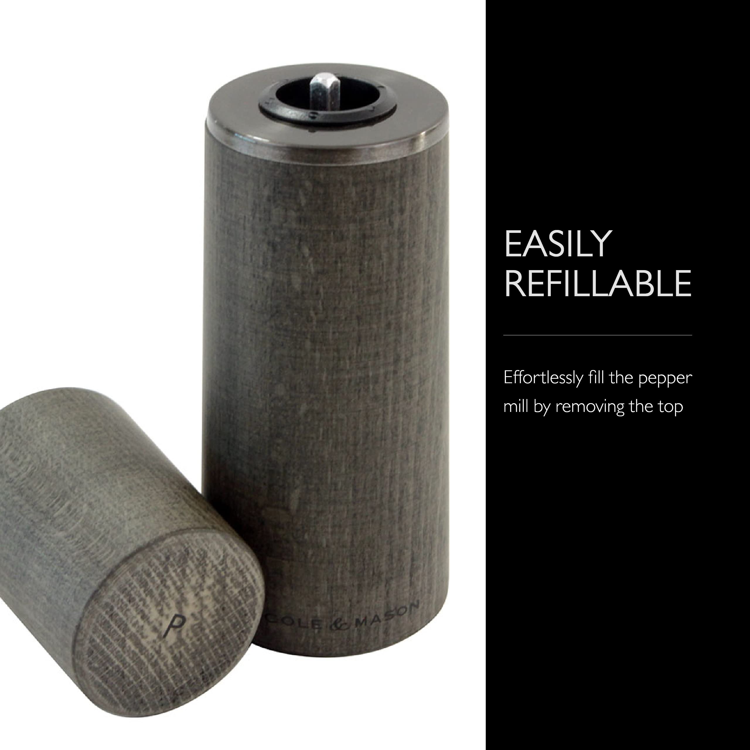 Cole & Mason Marlow Rustic Grey Wood Pepper Mill - Adjustable Peppercorn Grinder with Refillable Design - Premium Spice Grinder for Kitchen, Dining Table & Restaurant Use - Dark Grey Finish