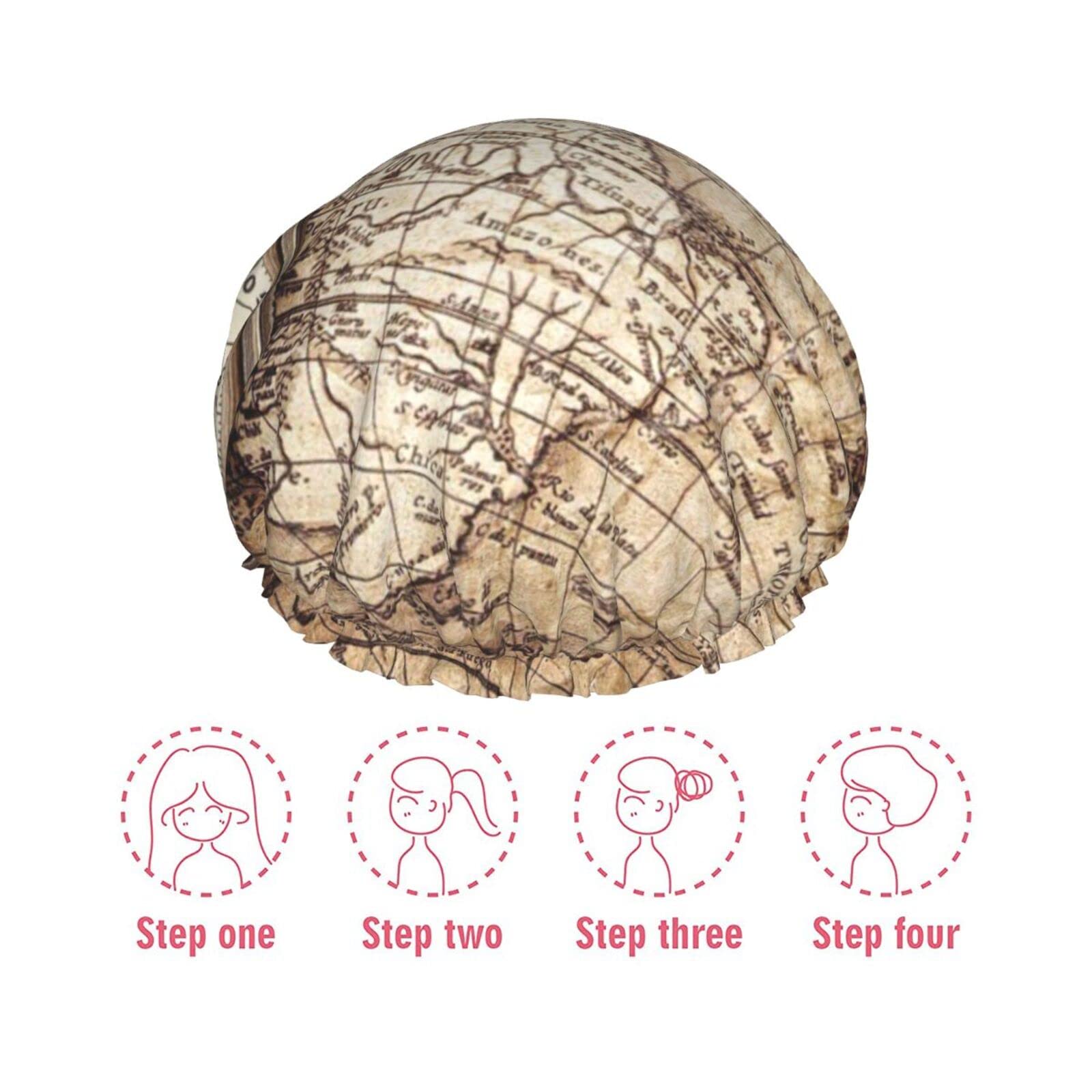 Waterproof Reusable Shower Cap for Women - Nautical Compass Map Design, Double Layer Bathing Hair Cap for Shower, Swimming & Spa - Perfect for Travel, Gym & Home Use