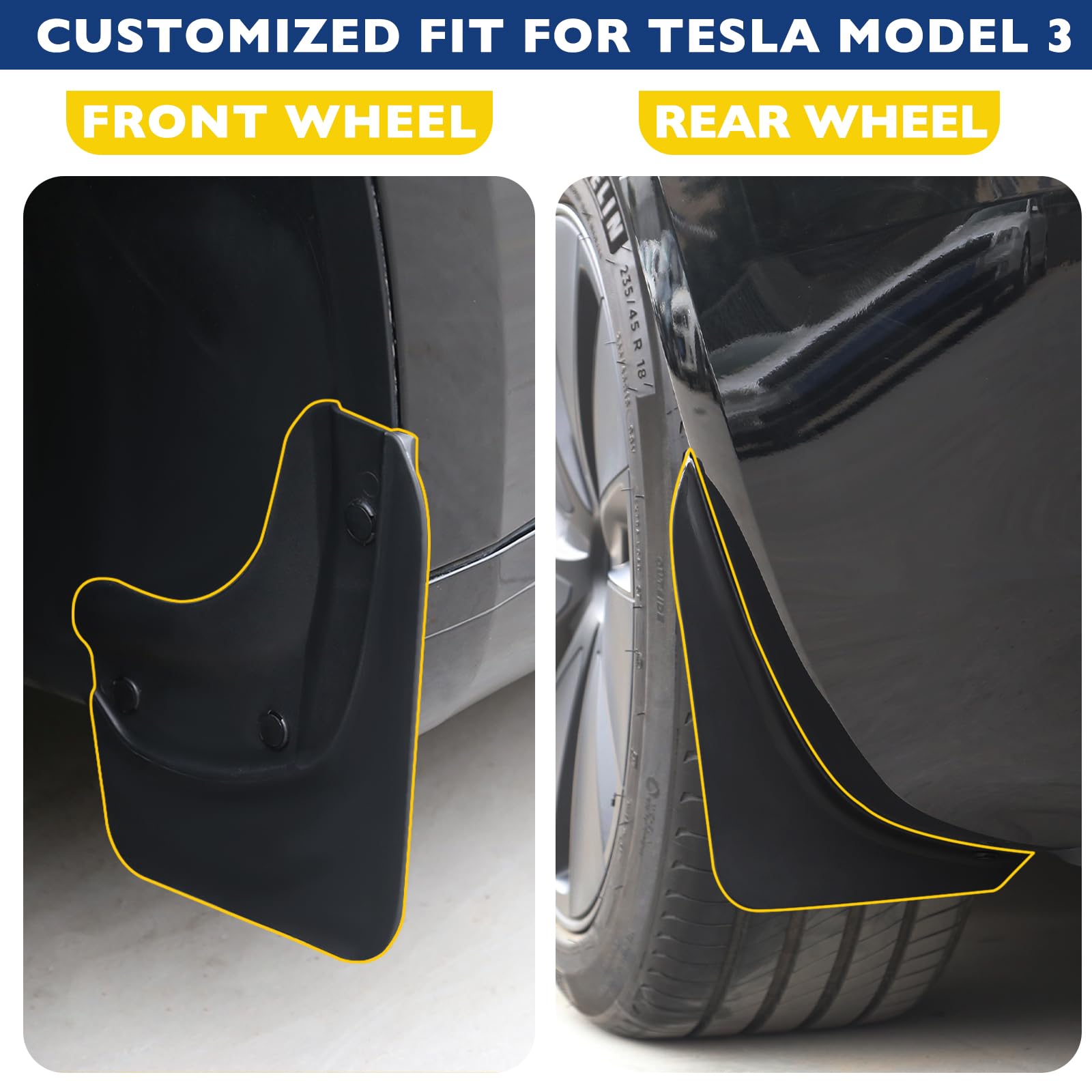 Premium No-Drill Mud Flaps for Tesla Model 3 (2024-2025 Highland) - Flexible Splash Guards & Fender Protection - Set of 4 Mudguards - Perfect for All-Weather Driving & Road Debris Protection