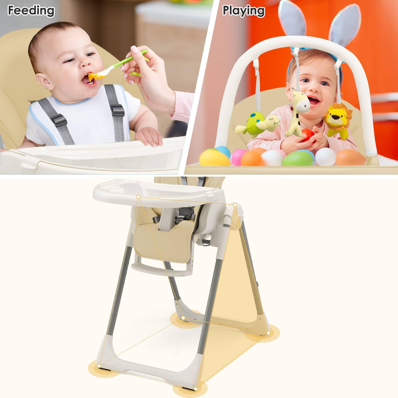 Maxmass 4-in-1 Foldable Baby High Chair with 5-Point Safety Harness, Removable Dual Tray & Cushion - Adjustable Infant Feeding Seat with Toy Bar & Wheels for Toddlers 6-36 Months (Beige) | Perfect for Dining, Playtime & Travel