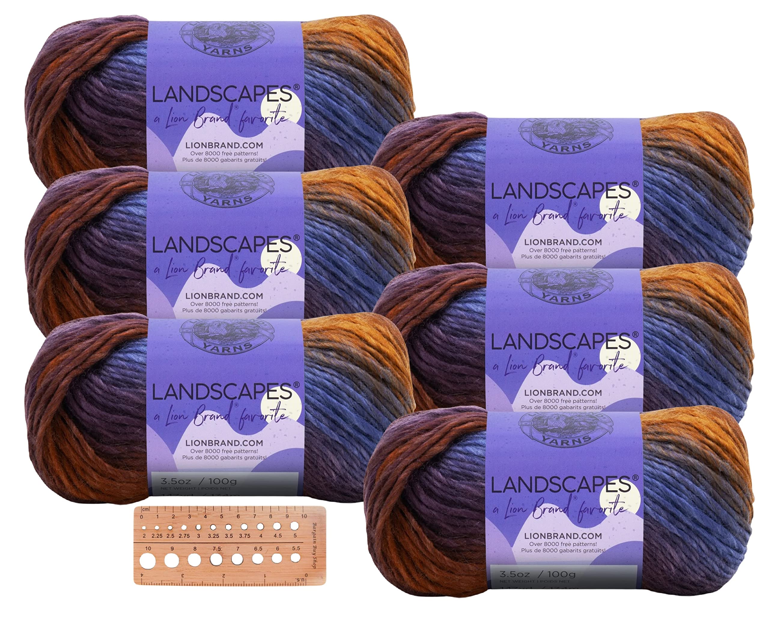 Lion Brand Yarn - Landscapes 6-Pack with Needle Gauge (Mountain Range) - Premium Knitting Yarn for Sweaters, Scarves & Blankets - Perfect for DIY Craft Projects & Gift Making