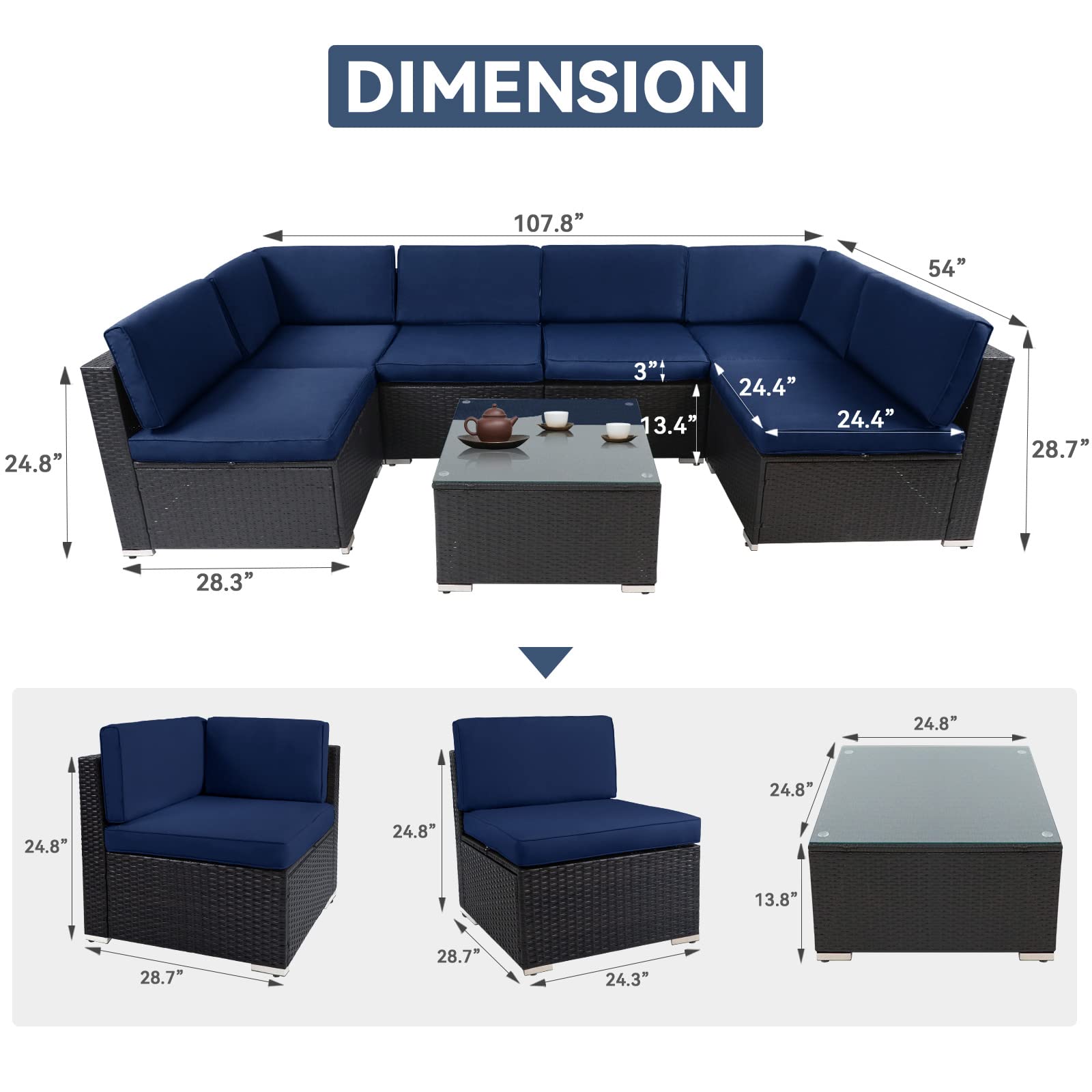 7-Piece Outdoor Patio Furniture Set - Black/Brown Wicker Sectional Sofa with Dark Blue Cushions & Tempered Glass Table - Perfect for Backyard, Garden, Poolside & Patio Relaxation