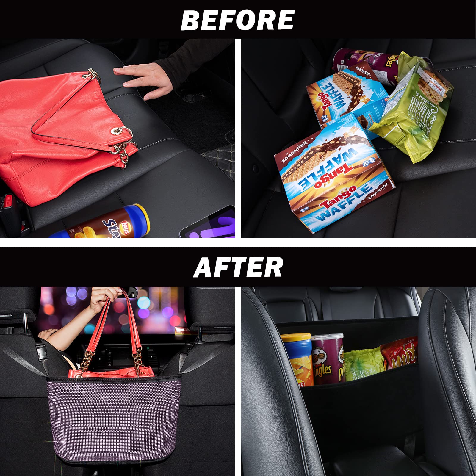 Elegant Car Organizers & Handbag Holder with Shiny Diamonds - Pink Car Seat Net Organizer for Women, Dog Barrier & Kids Safety - Perfect for SUVs, Sedans and Road Trips