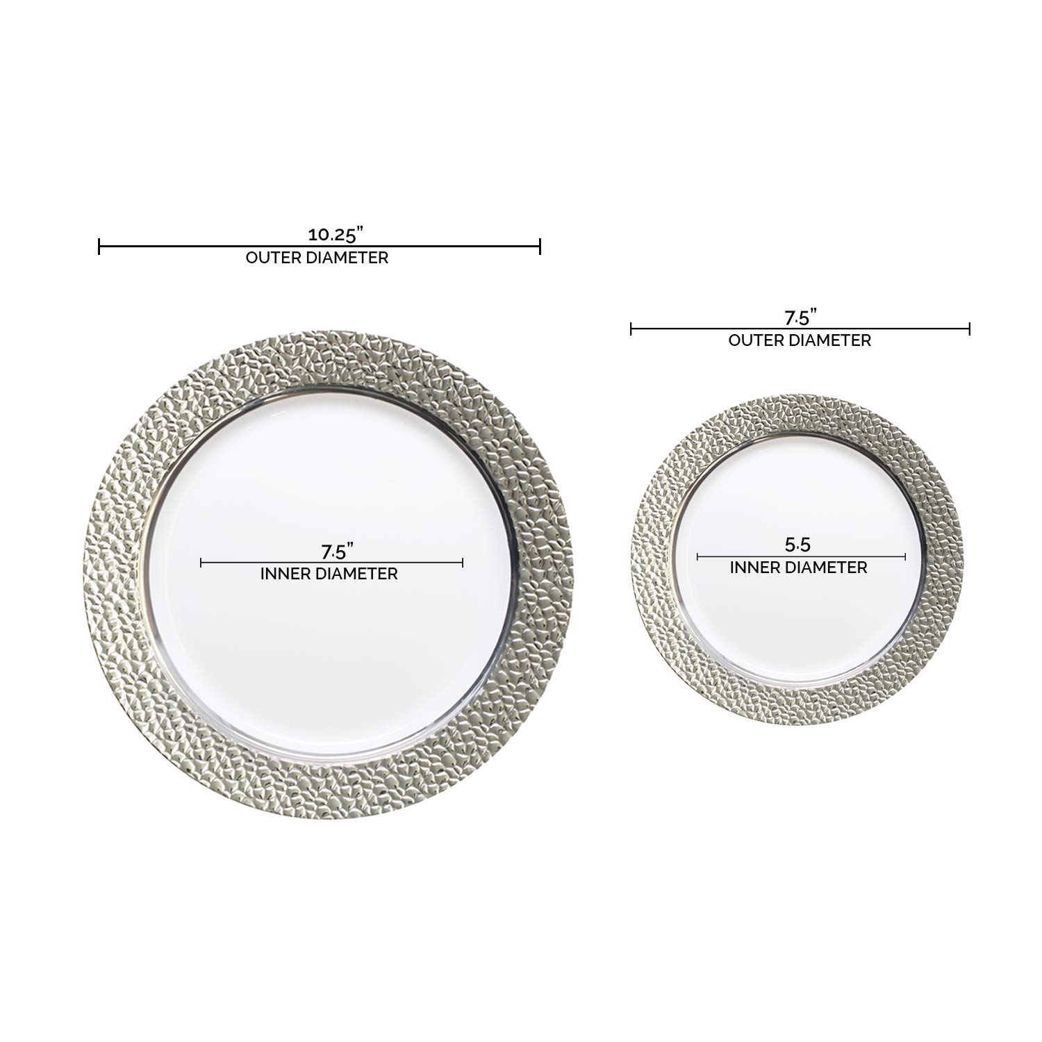 Elegant Disposable Plastic Plates 240 Count - 120 Heavy Duty White Dinner Plates & 120 Dessert Plates with Silver Hammered Rim for Wedding, Birthday Party, Catering, Picnic, and All Special Occasions - Perfect for Indoor and Outdoor Events