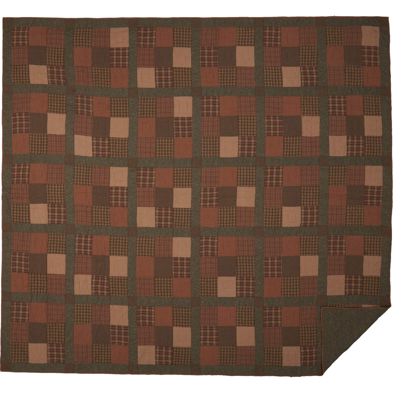 VHC Brands Crosswoods Patchwork Cotton Primitive Bedding Pre-Washed California King Quilt - Dark Olive Green | Rustic Farmhouse Decor for Master Bedroom & Guest Room
