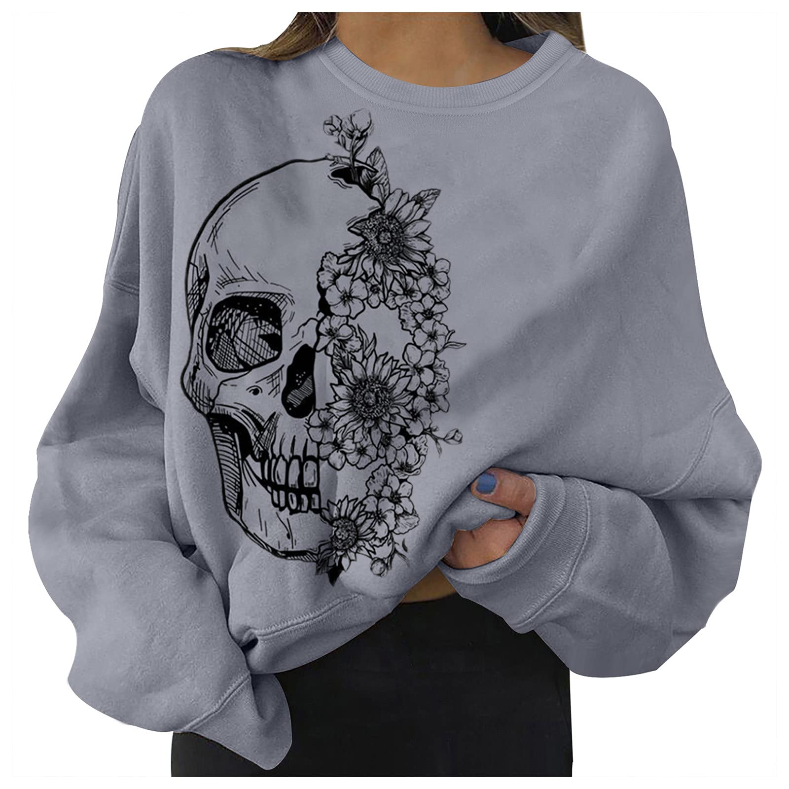 Vintage Halloween Sweatshirts for Women - Skull Graphic Pullover Fall Tops | Cozy Halloween Party Outfit, Casual Autumn Wear, Spooky Seasonal Fashion