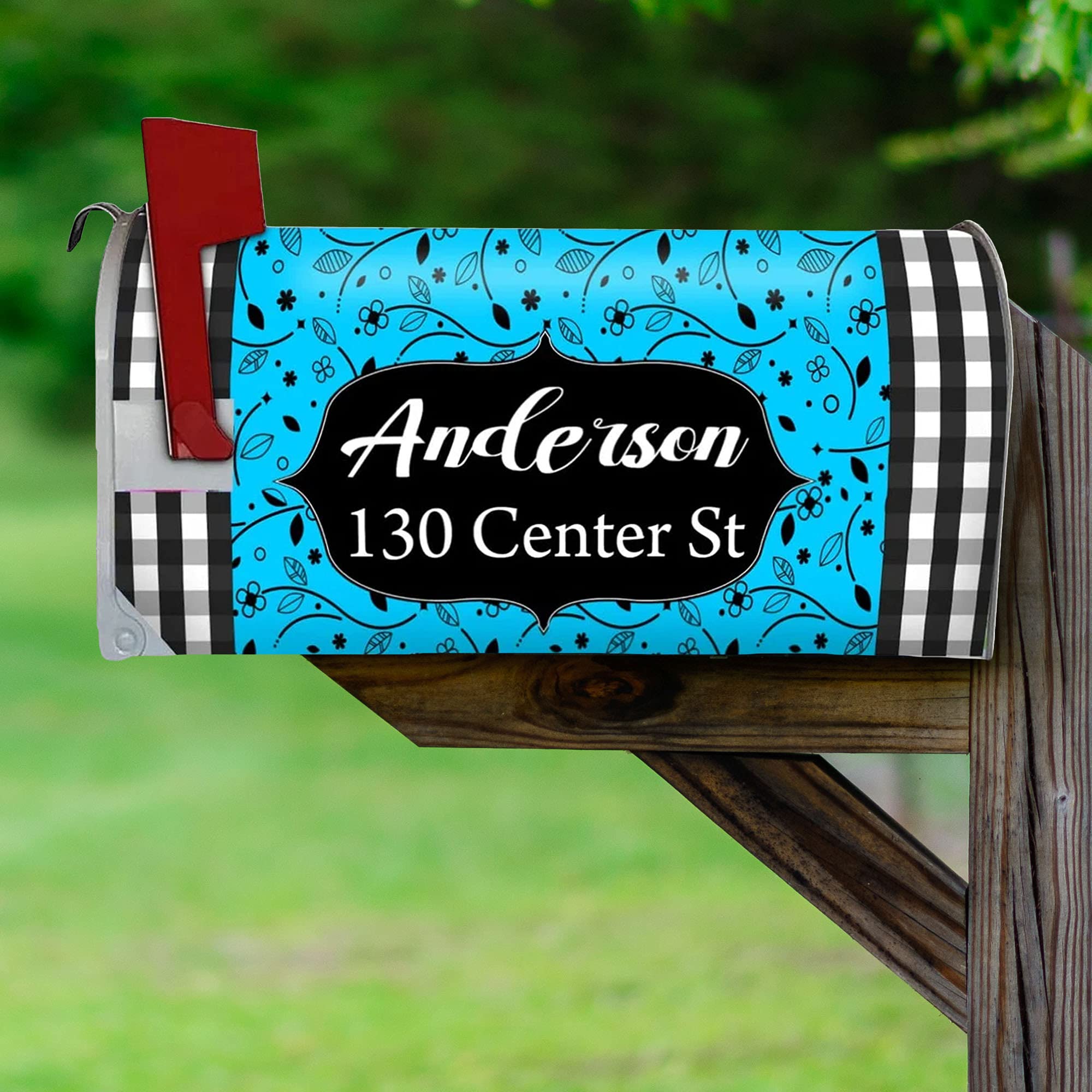 VWAQ Custom Magnetic Mailbox Cover - Personalized Name & Address Plaid Design - Weatherproof PMBM7 Mailbox Decoration (Sky Blue) for Home, Farmhouse & Apartment Mailboxes