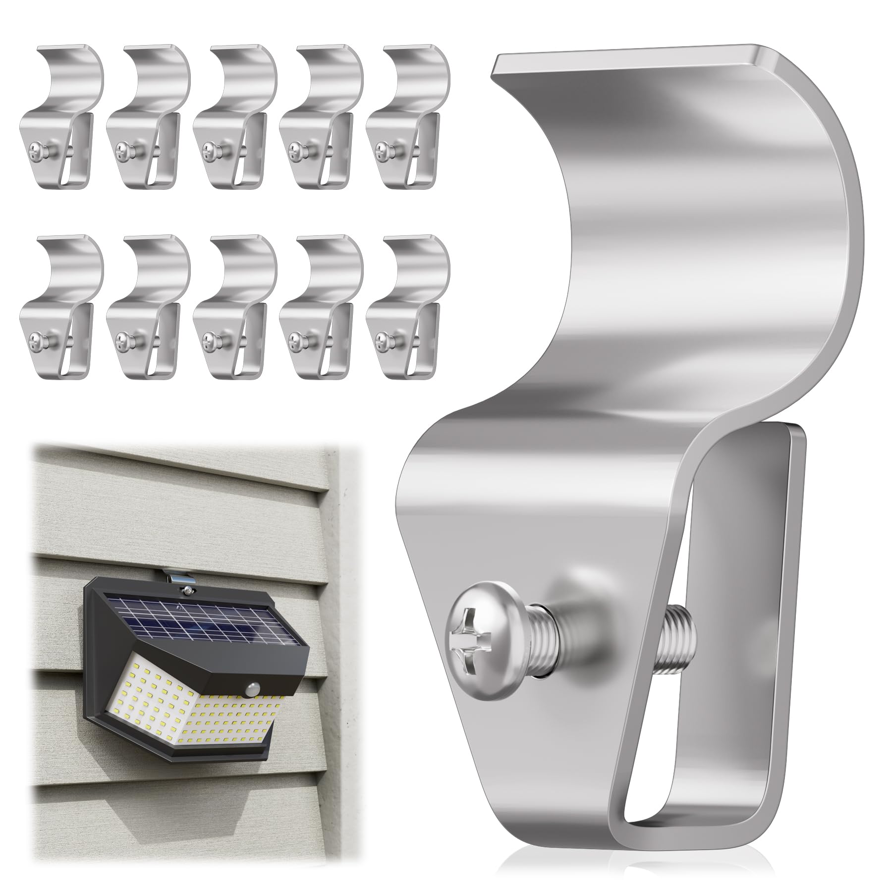 HUXOR 10 Pack Vinyl Siding Hooks for Solar Outdoor Lights - Heavy Duty Clips for Hanging Motion Sensor Solar Security Lights, Solar Powered Wall Lights & String Lights - Perfect for Porch, Garden, Patio & Pathway Lighting