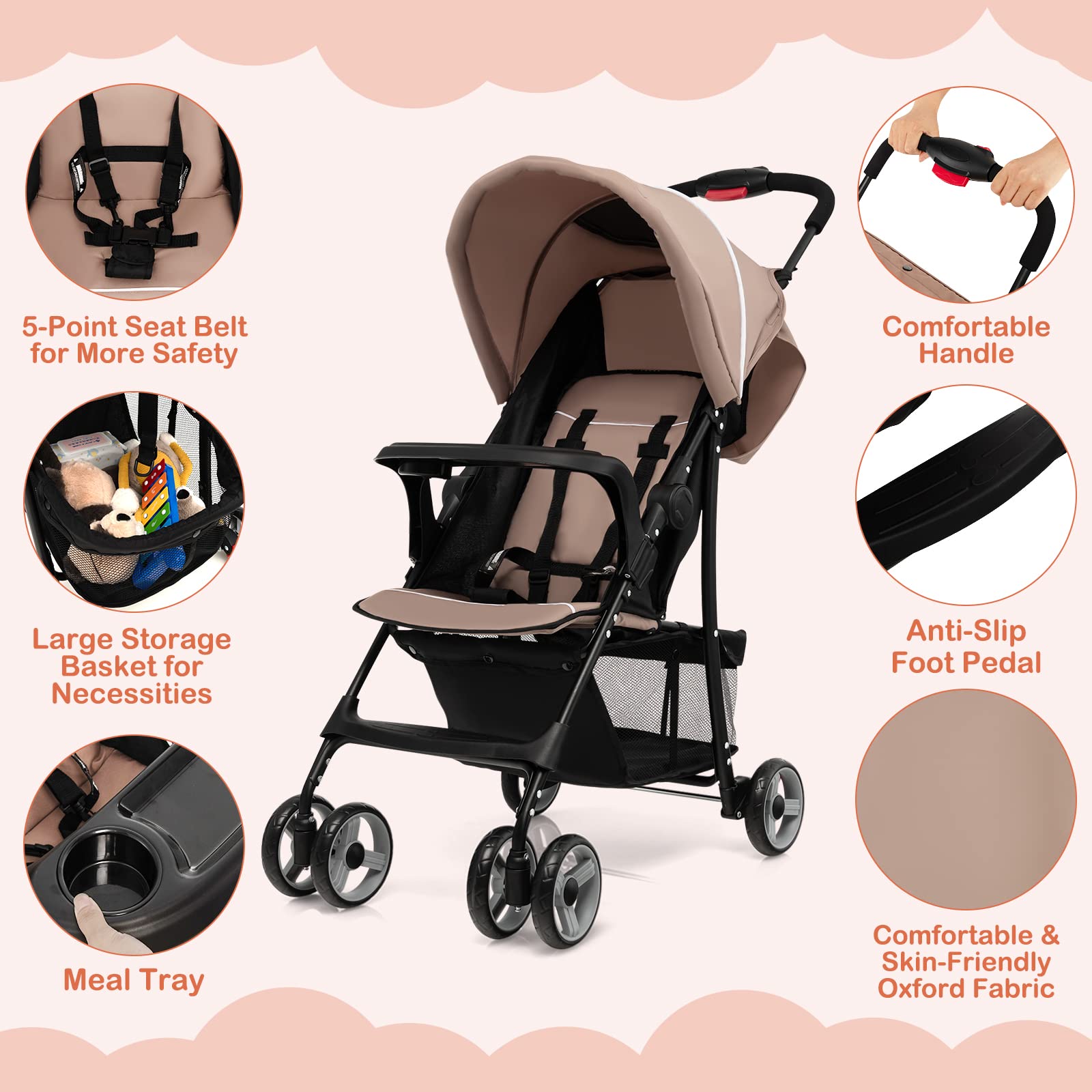 HONEY JOY Lightweight Compact Travel Stroller for Toddlers & Infants - Adjustable Canopy, Reclining Backrest, Storage Basket - Airplane Approved Foldable Umbrella Stroller (Coffee) - Perfect for Air Travel, Shopping, and Daily Walks