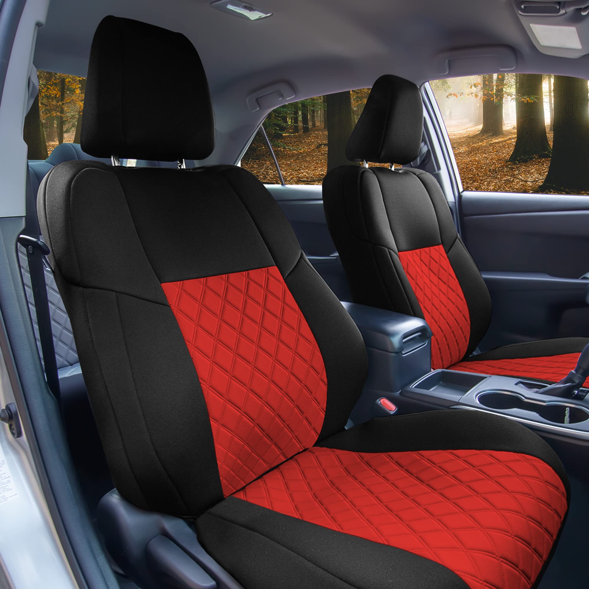 Premium Custom Fit Neoprene Seat Covers for Toyota Camry LE/SE/XSE/XLE (2012-2017) - Waterproof Front Seat Covers Set in Red & Black | Durable Interior Accessories for Car Protection & Style | Perfect for Daily Commute, Road Trips and Outdoor Adventures