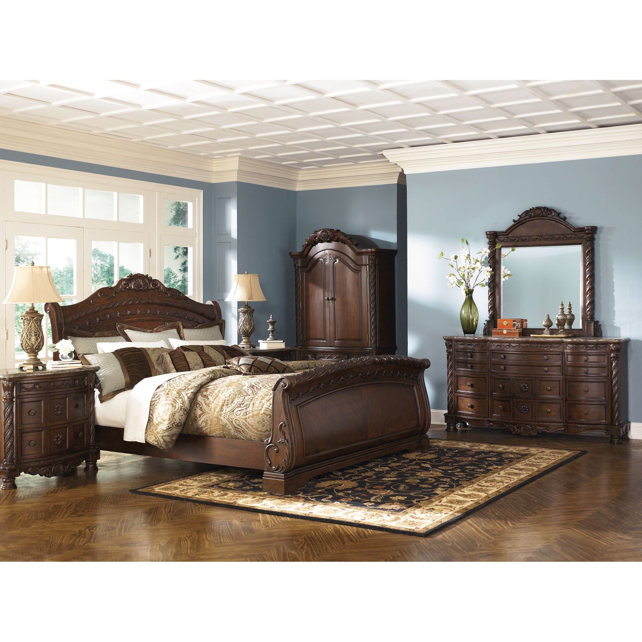 Ashley North Shore 3-Piece Sleigh Bed Set - Queen Size Wooden Bed Frame with Headboard & Footboard - Classic Elegant Bedroom Furniture for Master Suite or Guest Room
