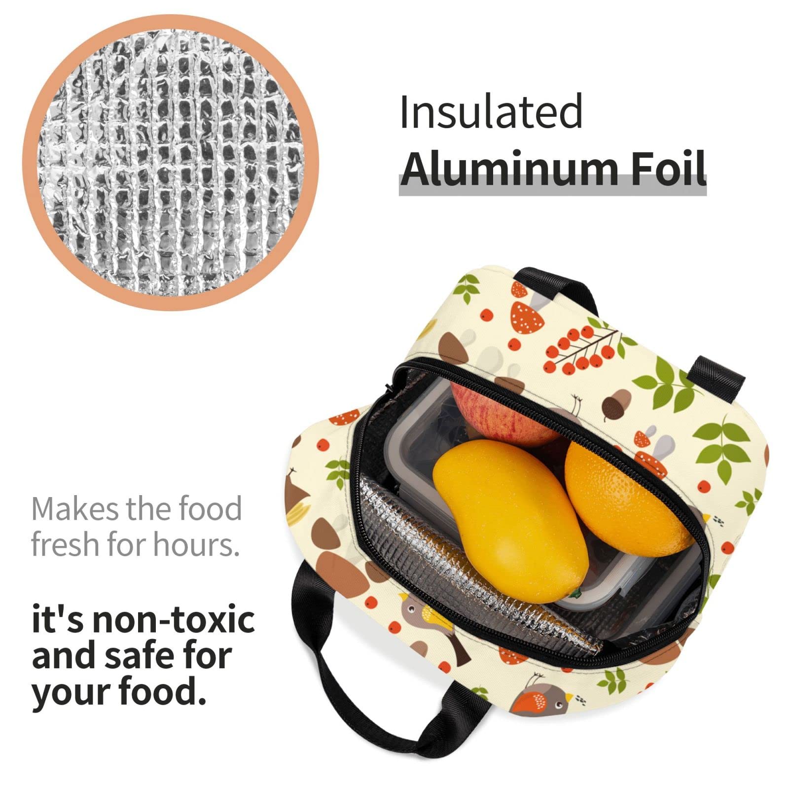 Owl and Mushroom Insulated Lunch Box - Reusable Thermal Lunch Bag for Women & Men - Perfect for Office, School, Camping, Hiking, Picnic, Beach & Travel - Keep Food Fresh Anywhere