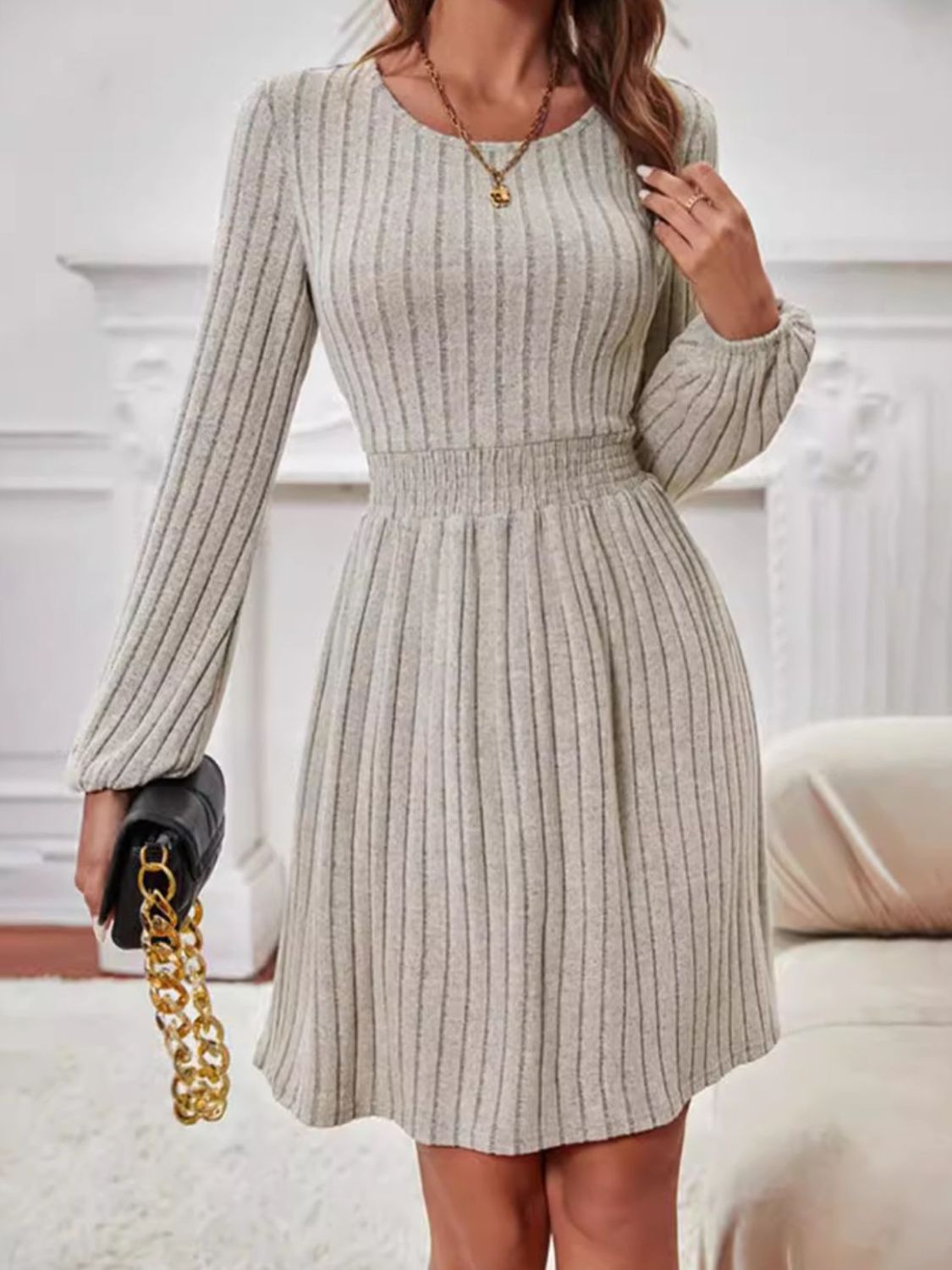 Elegant Smocked Round Neck Long Sleeve Knee Length Dress for Women | Floral Print Summer Casual Dress for Parties, Weddings & Daily Wear