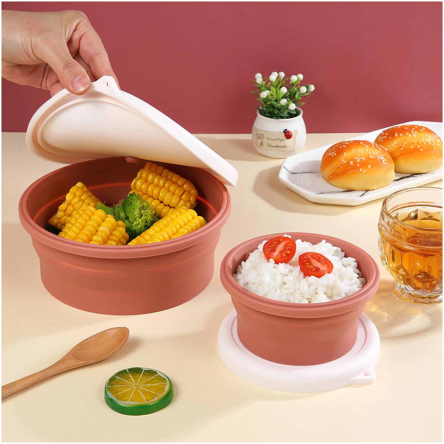 Collapsible Silicone Bowls for Camping - 2-Piece Set with Lids | Microwave, Freezer & Dishwasher Safe | RV Kitchen Storage & Organization Accessories | Perfect for Outdoor Picnics, Travel & Food Prep (Red Round Bowls)